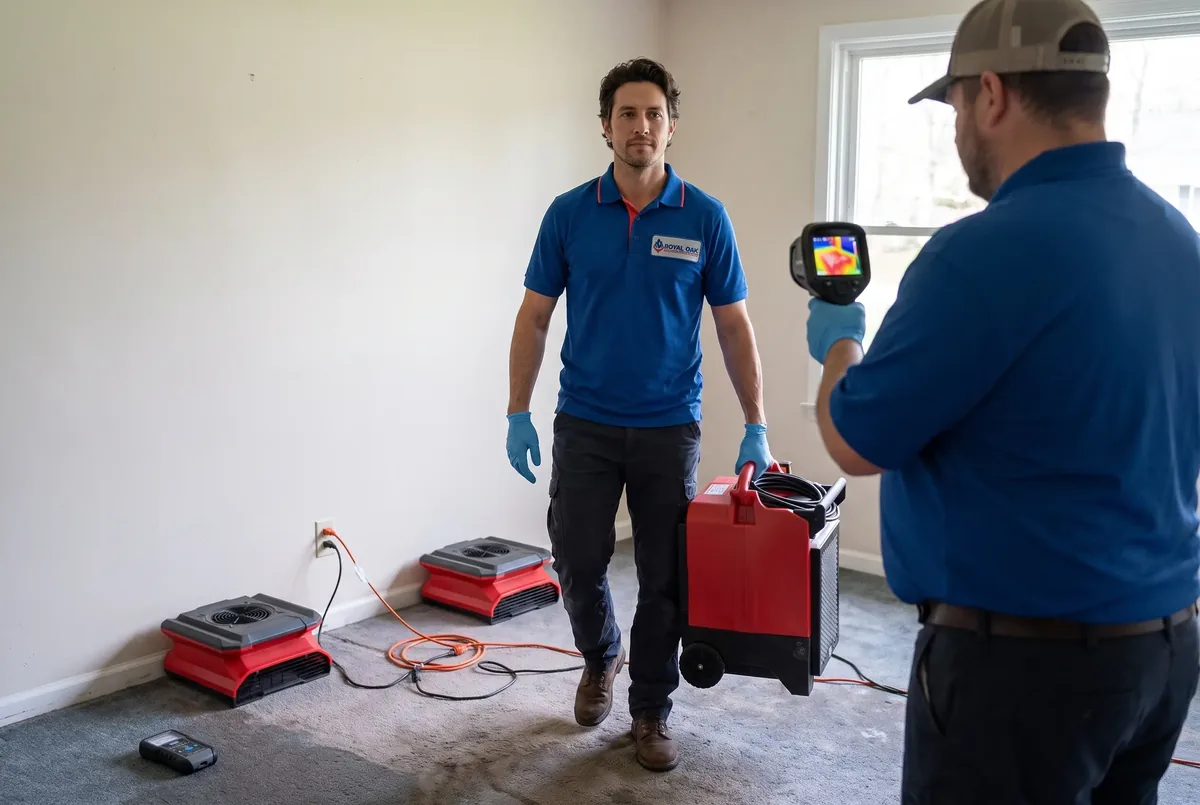 Technician carrying a dehumidifier into a room with air movers running